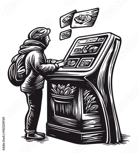 Engraved Illustration of a Person Using a Digital Kiosk for Orders