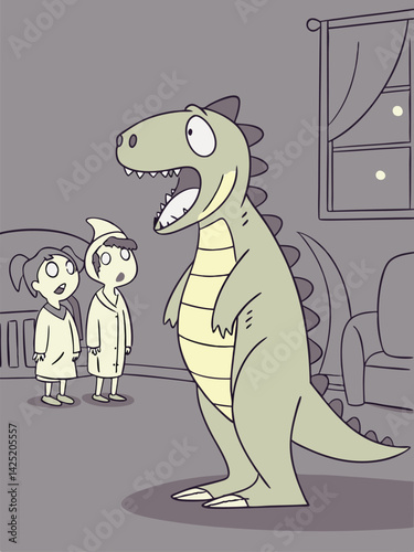 Cartoon Illustration of a Child in a Dinosaur Costume Startles Two Kids in Pajamas in a Bedroom at Night