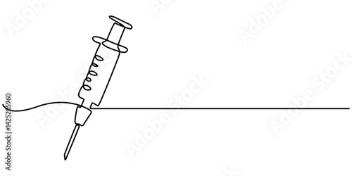 Syringe injection icon, Continuous one line drawing of syringe - medical equipment. Injection Syringe in single line draw vector illustration. Editable stroke, Syringes for injection. 