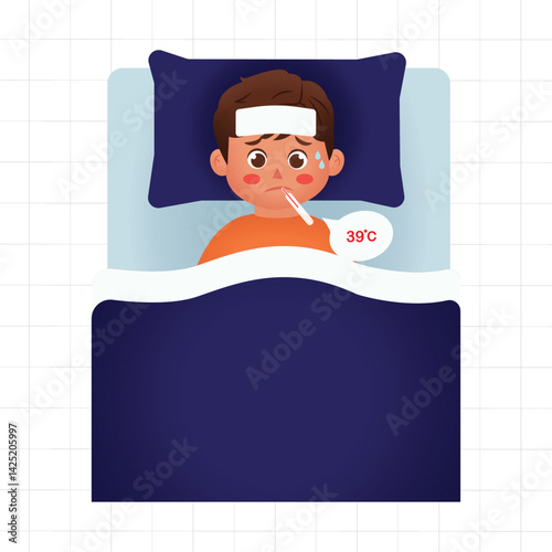 A boy in an orange shirt is lying on a bed with a fever, a thermometer in his mouth, a compress on his forehead, and a worried expression.