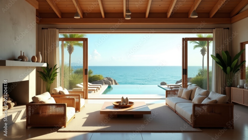 Fototapeta premium Stunning living room with ocean view featuring surreal vibrant decor and artistic elements for a breathtaking experience