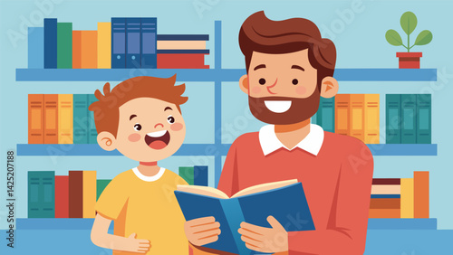 A parent and child attending a storytime session at the local library giggling at the librarians funny voices and animated expressions..