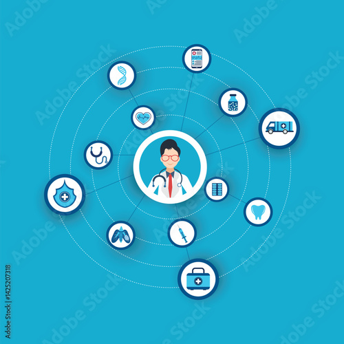 Healthcare mechanism concept. Abstract background with connected Circle and icons