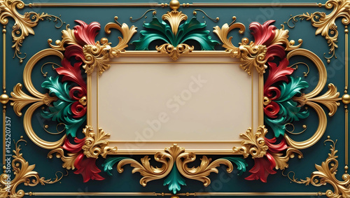 An ultra-high resolution (8K) ornate rectangular frame in a luxurious baroque and rococo style. The central element is a blank, cream-colored rectangular space with a fine golden border, ready for tex