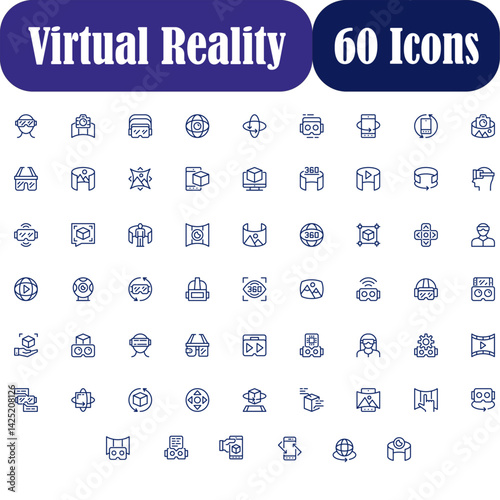 60 Virtual Reality (VR) Icons – Modern UI Set for Metaverse, Gaming & Apps – Flat, Line