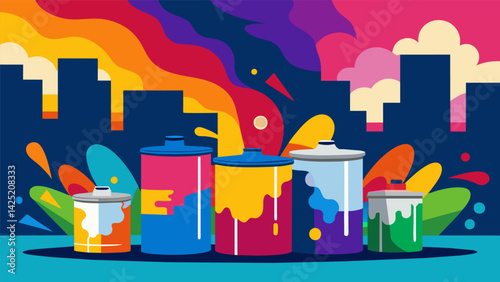 A colorful mural created using old paint cans and broken brushes adding a pop of creativity to an otherwise dull urban space.. Vector illustration