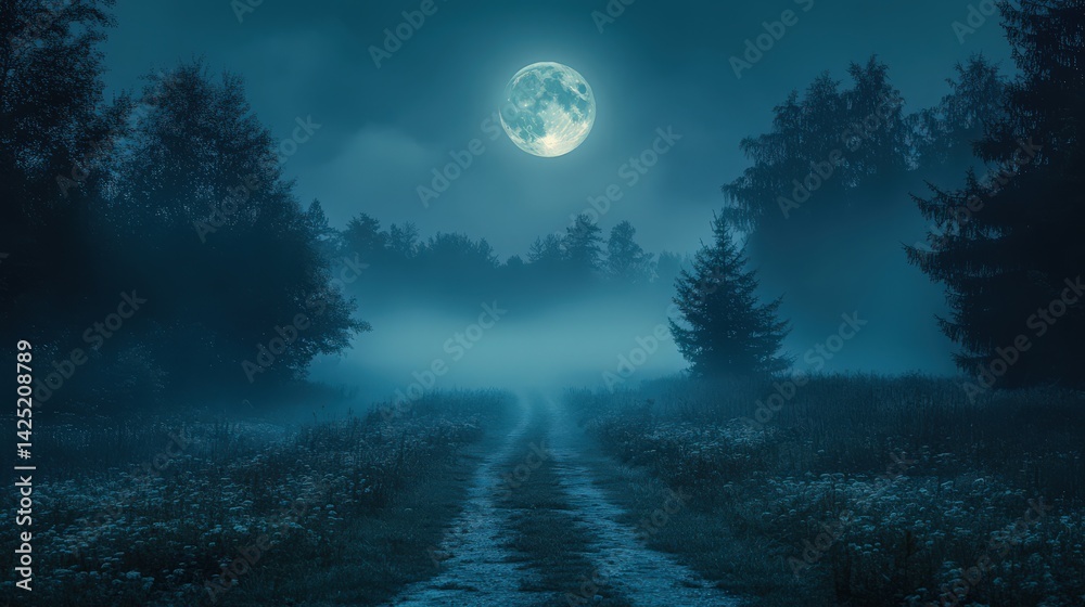 Naklejka premium Moonlit serenity, a tranquil pathway through an enchanted forest at night