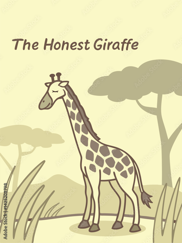 Fototapeta premium The Honest Giraffe: Cartoon Illustration of a Tall Giraffe in an African Savannah Landscape, Childrens Book Style, Beige Tones
