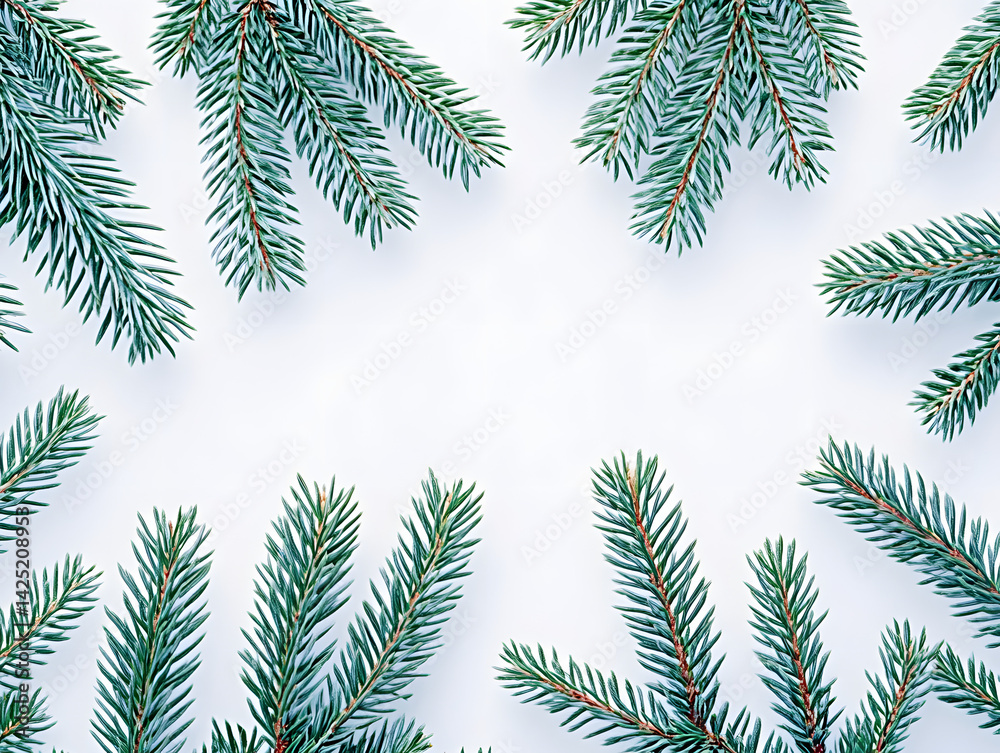 Festive frame of fresh pine branches on white background. Space for text or design Festive frame of fresh pine branches on white background. Space for text or design