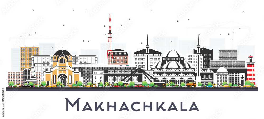 Naklejka premium Makhachkala Russia city skyline with color buildings isolated on white. Makhachkala cityscape with landmarks. Business travel and tourism concept with modern and historic architecture.