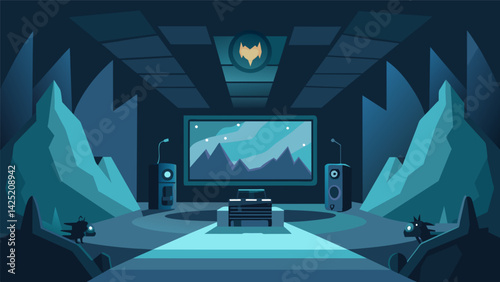 A converted bat transformed into a hightech media room boasting a massive projector screen and immersive sound system for the ultimate audiophile Vector illustration