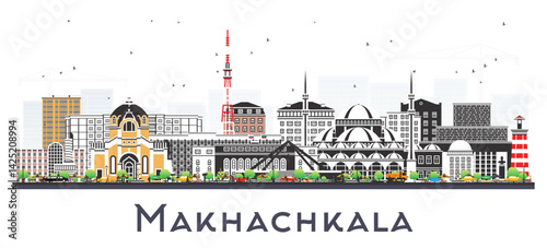 Makhachkala Russia city skyline with color buildings isolated on white. Makhachkala cityscape with landmarks. Business travel and tourism concept with modern and historic architecture.