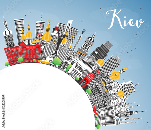 Kiev Ukraine city skyline with color buildings, blue sky and copy space. Vector illustration. Kyiv cityscape with landmarks. Business travel and tourism concept with historic architecture.