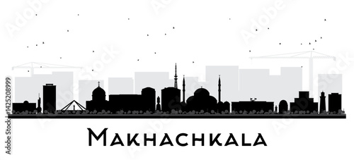 Makhachkala Russia city skyline silhouette with black buildings isolated on white. Makhachkala cityscape with landmarks. Travel and tourism concept with modern and historic architecture.