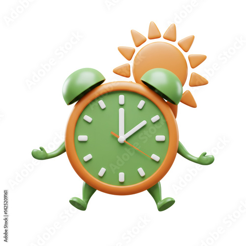 Cheerful Alarm Clock Character With Sun Smiling Orange And Green Colors Isolated on Transparent Background photo