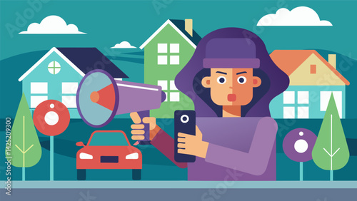 A neighborhood watch member driving around the community loudly announcing exaggerated reports of breakins and crime rates through a megaphone..