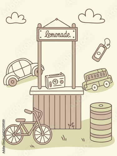 Cute Lemonade Stand Illustration: Vintage Style, Toy Car, Bike, Radio, and Clouds - Nostalgic Kids Summer Clipart Graphic