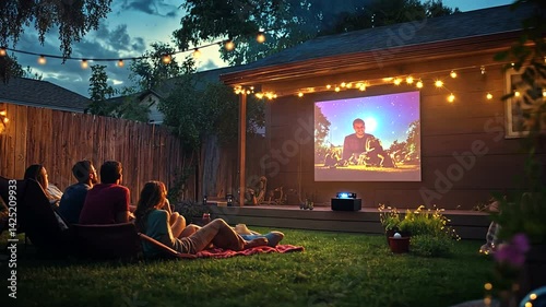 Outdoor Movie Night with Friends in a Cozy Backyard
