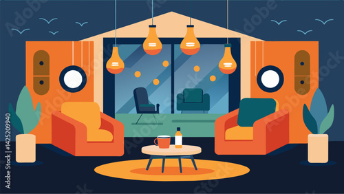 A listening lounge offered a cozy and intimate space for attendees to relax and appreciate the showcased equipment. Vector illustration