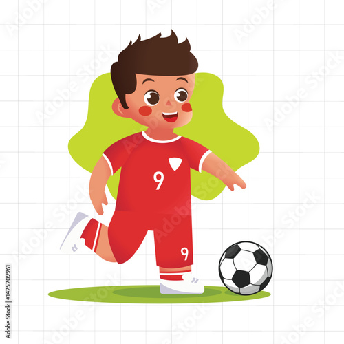 A soccer player wearing a red Indonesia jersey with number 9, joyfully preparing for a free kick.