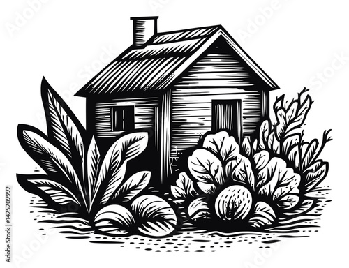 Rustic House Surrounded by Vegetables and Plants in Engraving Style
