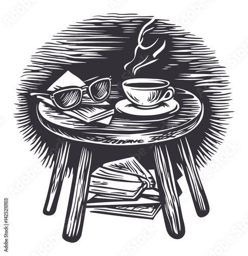 Cozy Coffee Moment with Sunglasses on Vintage Wooden Table
