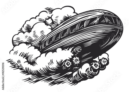 Vintage Airship Engraving in Black and White Art Illustration