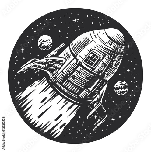 Detailed Engraving of a Rocket Ship in Outer Space with Planets