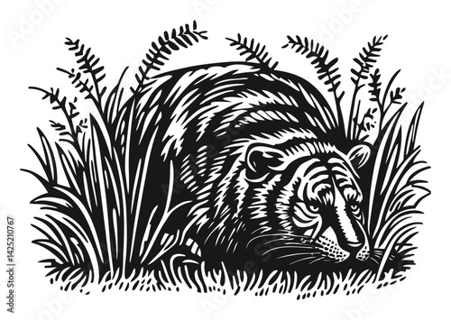 Detailed Black and White Illustration of a Tiger in Grassland