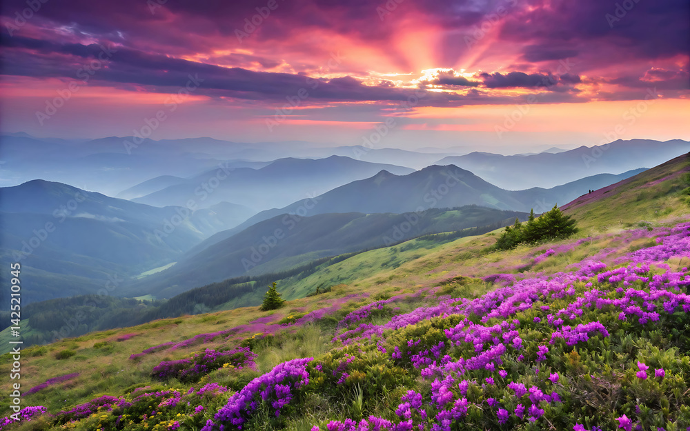 Sunset view of pink flowers blooming in the green mountain landscape Sunset view of pink flowers blooming in the green mountain landscape