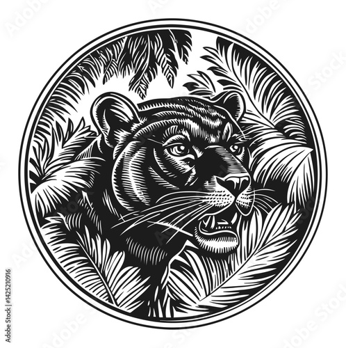 Detailed Engraved Illustration of a Panther Surrounded by Foliage