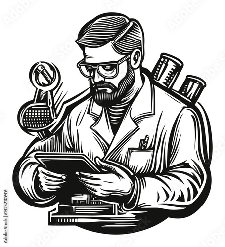 Engraving Illustration of Scientist Working with Lab Equipment
