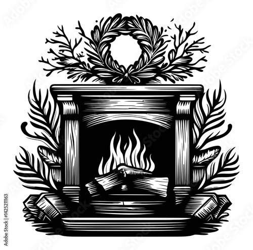 Vintage Engraving of a Cozy Fireplace Surrounded by Decorative Foliage