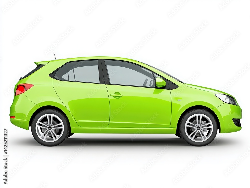 Lime Green Compact Car Side Profile on White Background Lime Green Compact Car Side Profile on White Background
