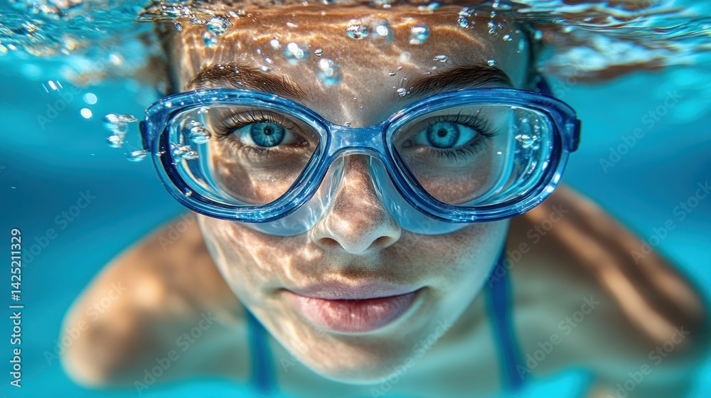 Fototapeta premium Underwater girl swimming with goggles