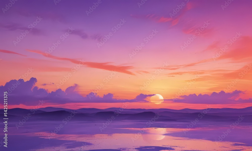 Fototapeta premium Abstract watercolor sunset, vibrant oranges & purples , digital, pattern, fine art