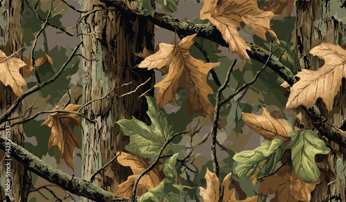 Real tree forest camouflage seamless pattern design pattern for hunting and military uniform. Hunting camouflage.