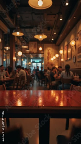 Warm light illuminates bustling restaurant rich wood table setting a cozy ambiance.. AI Generated