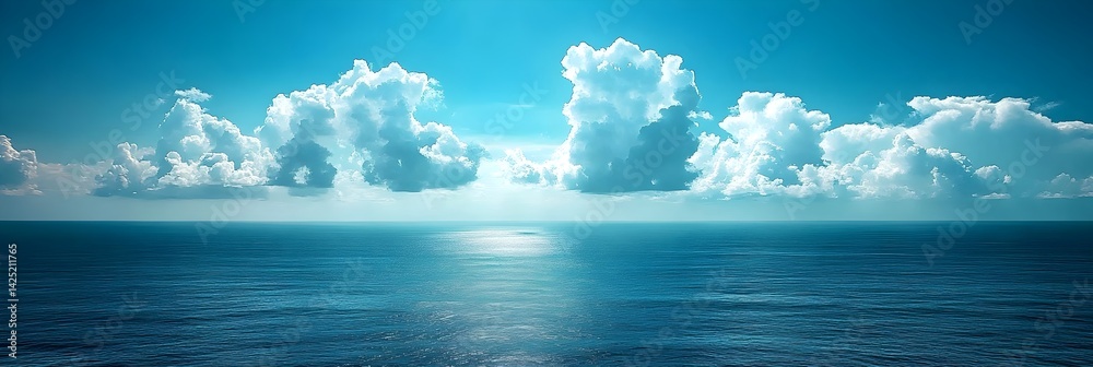 Fototapeta premium Serene Ocean Horizon with Fluffy White Clouds Peaceful Summer Seascape