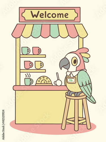 Cute Parrot Barista at a Pastel Coffee Shop: Cartoon Illustration, Welcoming Sign, Cozy Cafe Scene, Digital Art, Friendly Bird