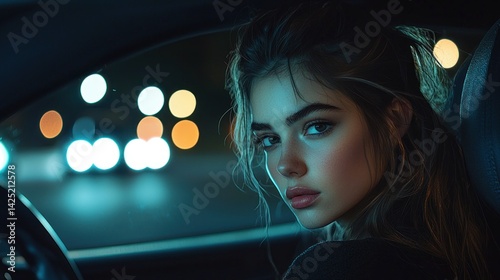 Night Drive:  A Serene Glance from Within a Car's Embrace Under City Lights