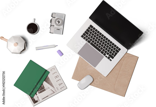top view of laptop on letter, books, camera and coffee