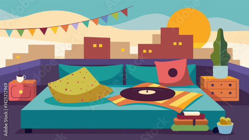 A makeshift cozy corner on the rooftop adorned with colorful blankets and cushions is the perfect spot for couples to cuddle and enjoy the sounds of a Vector illustration