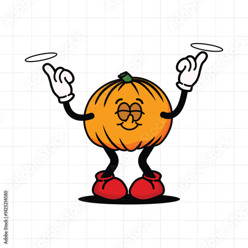 A pumpkin character smiling happily, trying to create magic with both hands, wearing red shoes.