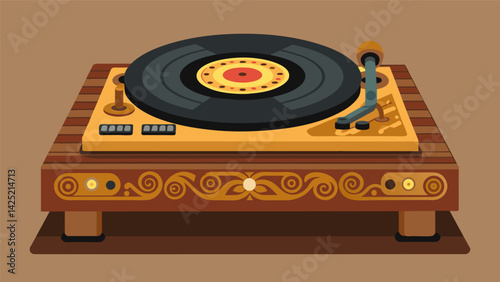 A record player crafted from reclaimed wood and decorated with intricate handcarved designs displayed on a rustic wooden stand. Vector illustration