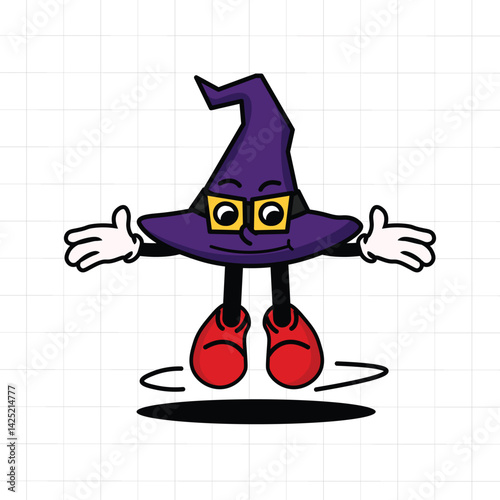 A purple witch hat character with yellow glasses, trying to levitate with its magic power, wearing red shoes.