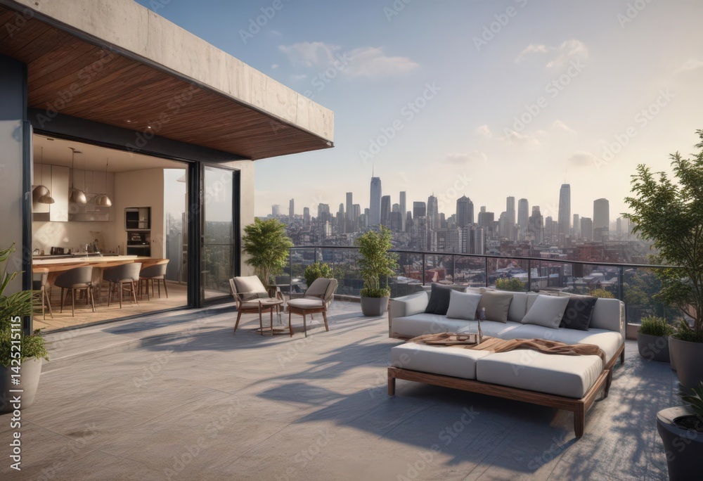 Fototapeta premium Modern city view apartment with rooftop terrace access, balcony, urban