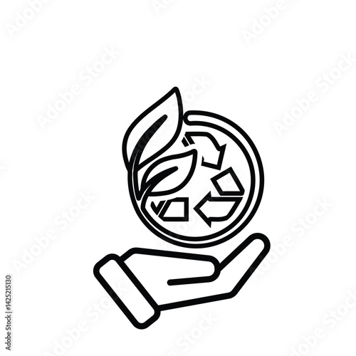 recycle icon. sustainability symbol with plants in hand. reuse, eco, used goods, green energy web icon. line design style