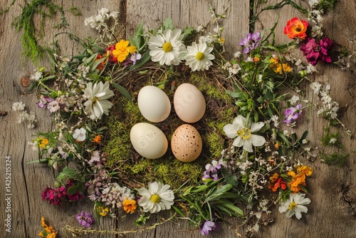 A vibrant floral frame filled with spring flowers encircles a group of Easter eggs on a rustic wooden table. The eggs are nestled in a bed of moss and leaves.
