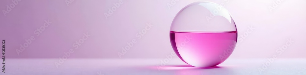 Obraz premium Pink and white periwinkle liquid inside a glass sphere suspended in air, glass, refraction